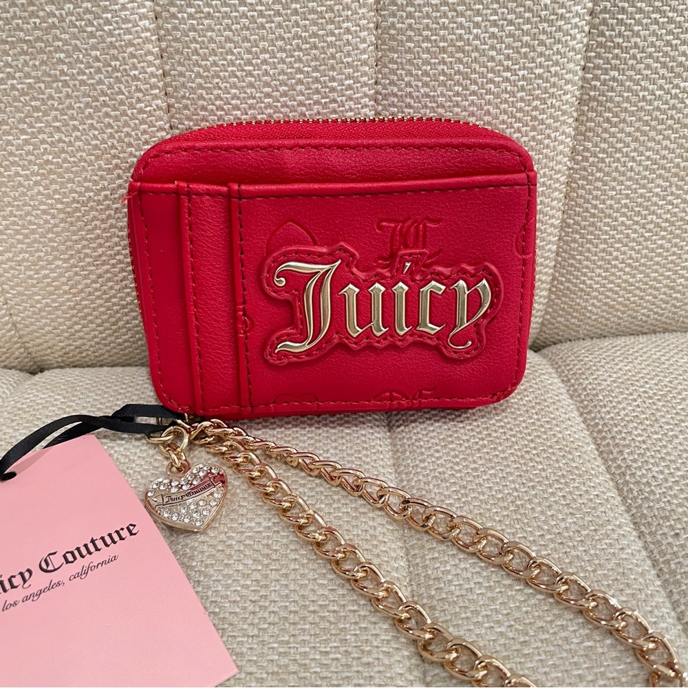 NEW‎ Juicy Couture Red Card Case Wallet Heart ID Window Gold Rhinestone Charm